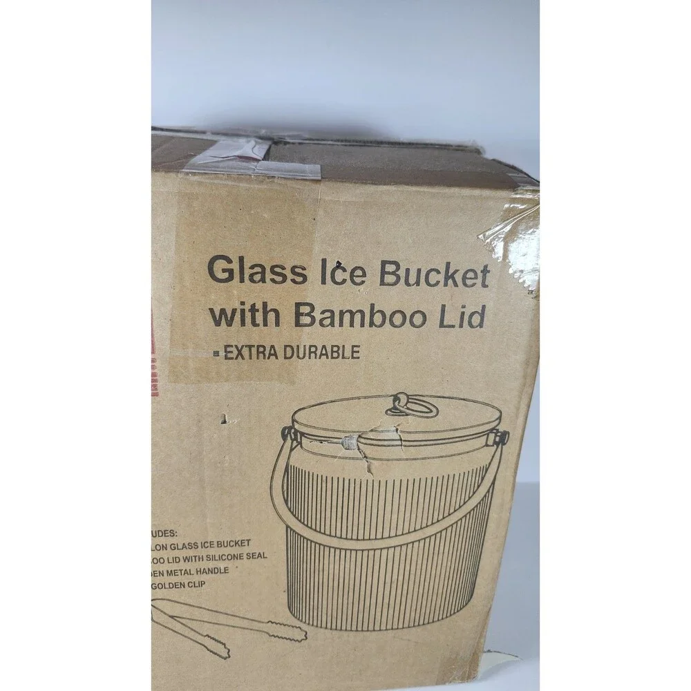 LE'RAZE Glass Ice Bucket with Airtight Bamboo Lid, Ice Tong Scooper and Handle